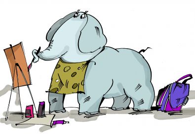 Слон с кисточкой в хоботе рисует картину